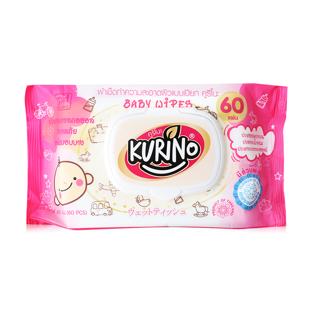 ทิชชู่เปียก สูตรธรรมดา 60 แผ่น เบบี้ไวพส์ สีชมพู คูริโนะ