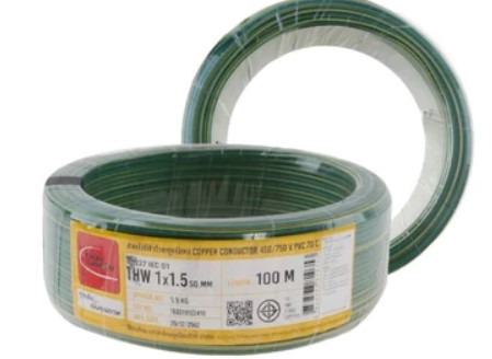 สายไฟเขียวแถบเหลือง THW 1x1.5 100m. TUW