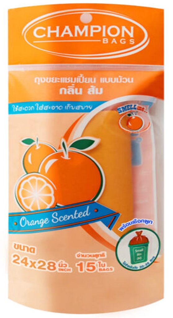 ถุงขยะม้วน ขนาด 24x28 กลิ่นส้ม CHAMPION (แพ็ค 15 ใบ)