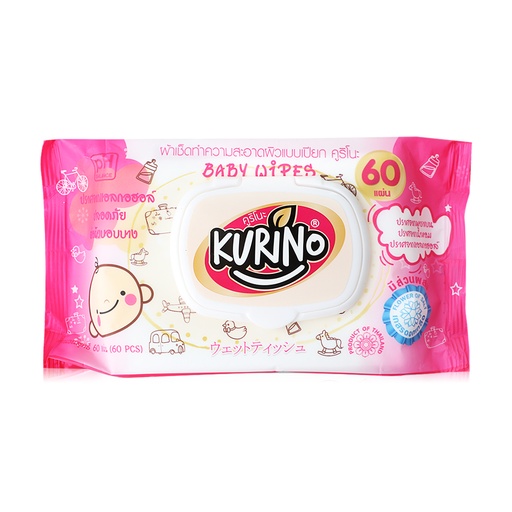 [1005099] ทิชชู่เปียก สูตรธรรมดา 60 แผ่น เบบี้ไวพส์ สีชมพู คูริโนะ