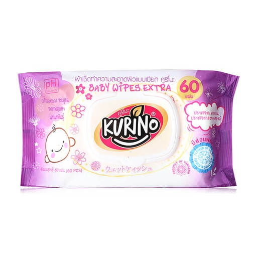 [1005100] ทิชชู่เปียก สูตรธรรมดา 60 แผ่น เบบี้ไวพส์ สีม่วง คูริโนะ