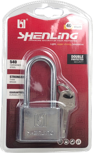 [1006832] -แม่กุญแจเหลี่ยมคอยาวหนาเงิน 40mm SHENLING=