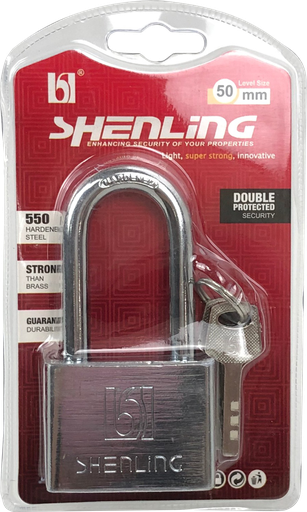 [1006833] -แม่กุญแจเหลี่ยมคอยาวหนาเงิน 50mm SHENLING=